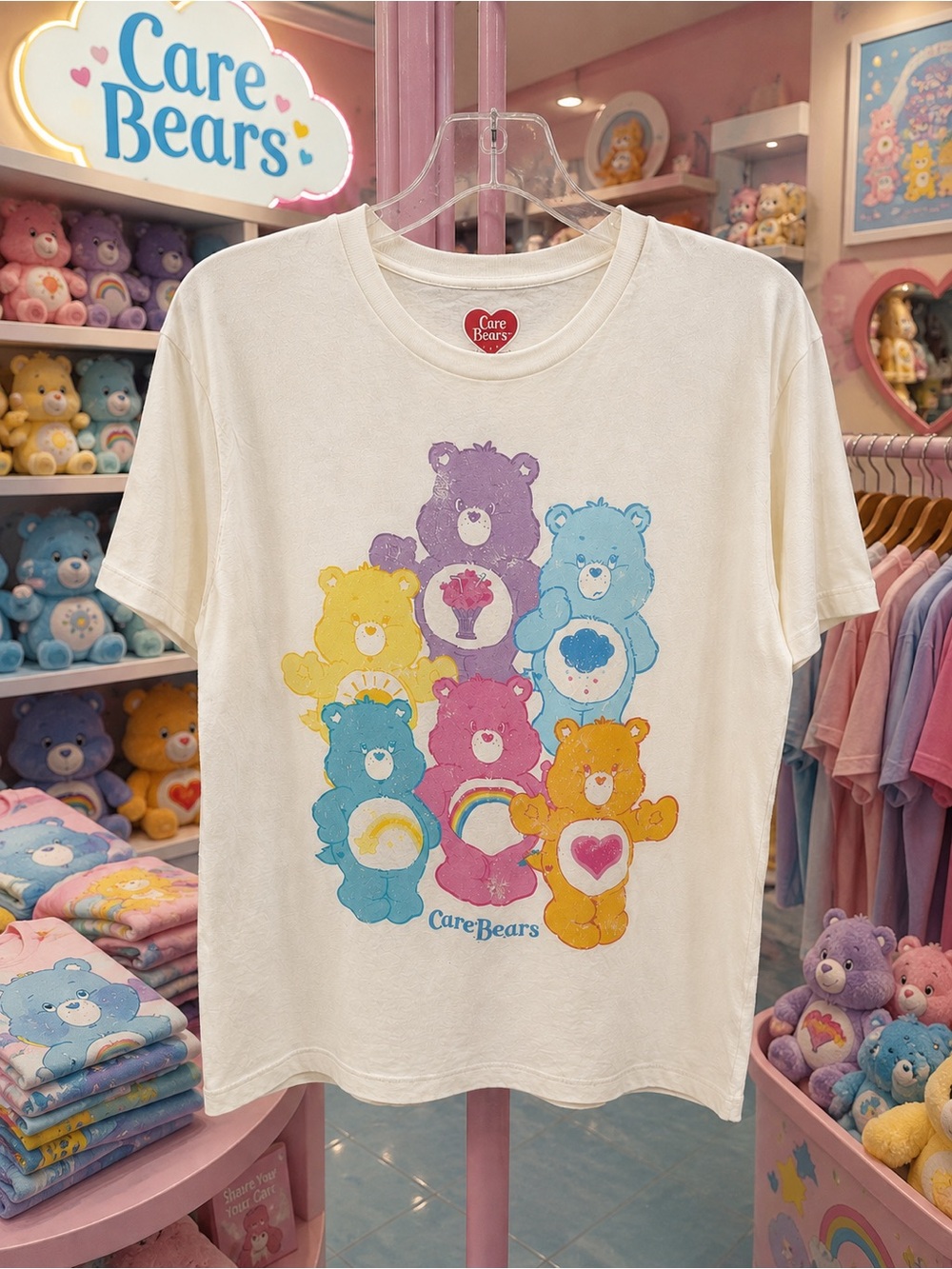 Care Bears 2024 Distressed Graphic T-Shirt White Multicolor Size L